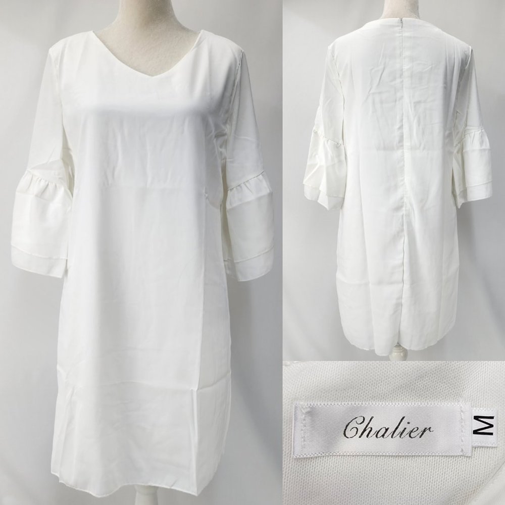New Chalier Womens Medium White Ruffle Sleeve Shift Dress V-Neck Chiffon Poly
